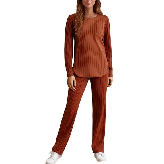 Womens Pajamas 2 Piece Lounge Sets Outfits 2025 Fall Striped Knit Sweatshirt Long Sleeve Sweater Long Pants Pockets