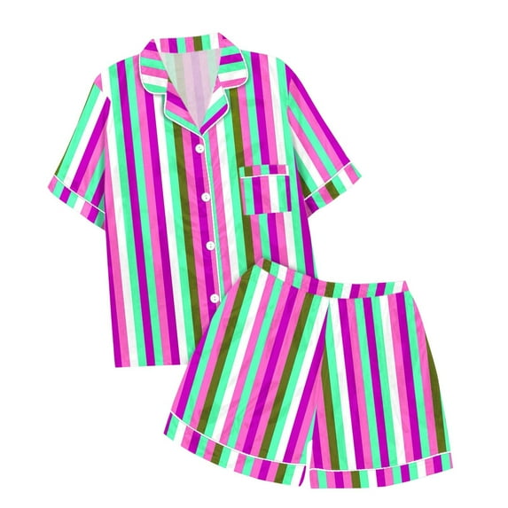 Womens Pajamas 2 Piece Pj Sets Stripes Graphic Print Lapel Button Shirt and Shorts Purple Womens Loungewear Set M