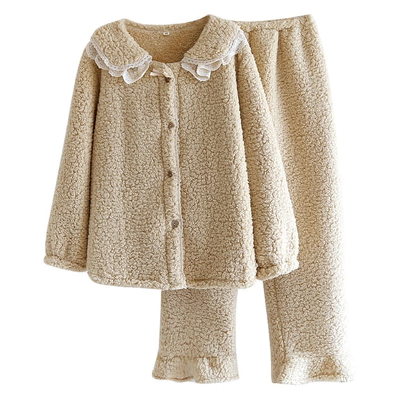 Womens Pajamas 2 Piece Winter Sleepwear Plush Loungewear Peter Pan Collar Warm Cozy Pajamas Coffee M