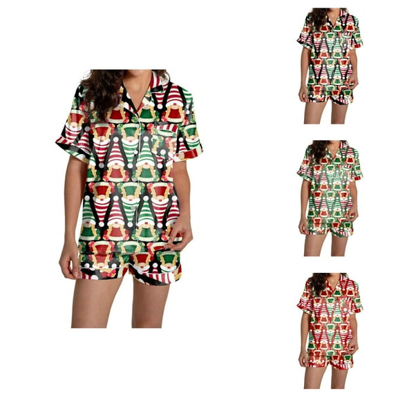 Womens Pajamas – Button Pajama Shorts Set Women's Casual Christmas Print Pajama Set Silk Satin Short Sleeve Button Up Top And Shorts Set
