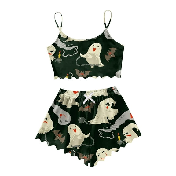 Womens Pajamas Cartoon Print Homewear Shorts Set Comfortable Leisure Nightwear Beige Lounge Sets for Women L