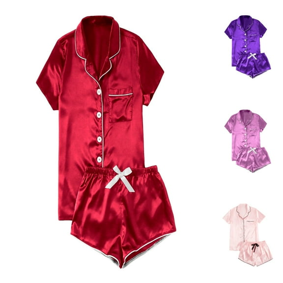 Womens Pajamas Casual Solid Silk Satin Homewear Short Sleeve Button Up Top Shorts White Lounge Sets for Women S