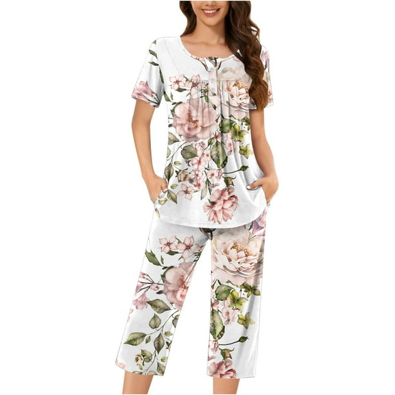 Womens Pajamas New Women's Short Sleeve Pajama Set 2 Piece Summer Sleep Set Floral Print Button Crew Neck Capris Pant Pjs Sets Plus Size Sleepwear New White L