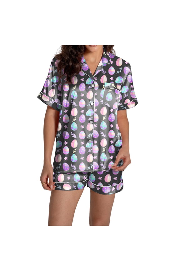 Womens Pajamas Easter Cute Print Short Sleeve Button Down Shirt Shorts Set Black Women's Sleepwear M