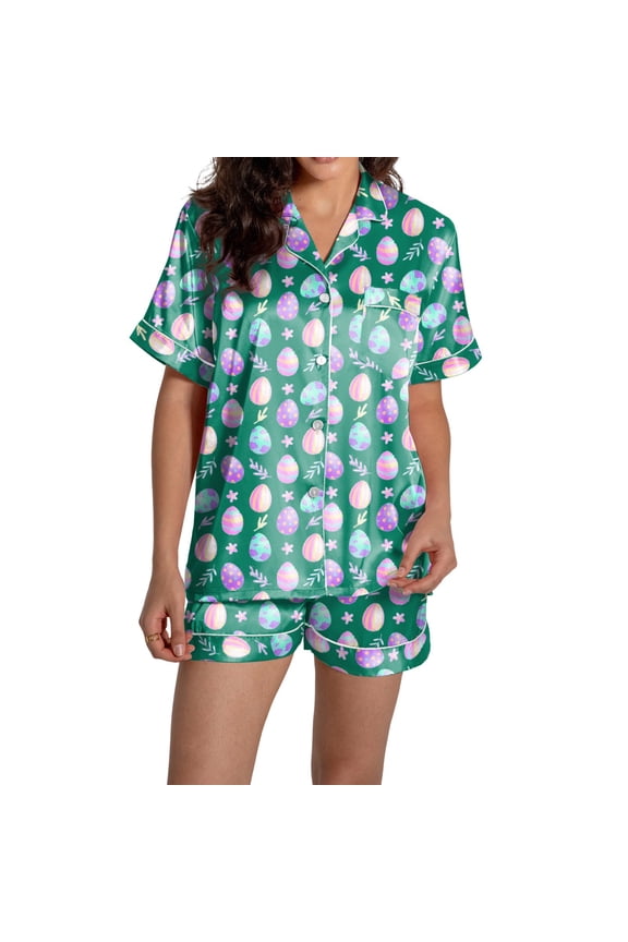 Womens Pajamas Easter Cute Print Short Sleeve Button Down Shirt Shorts Set Dark Green Womens Loungewear Set XXL