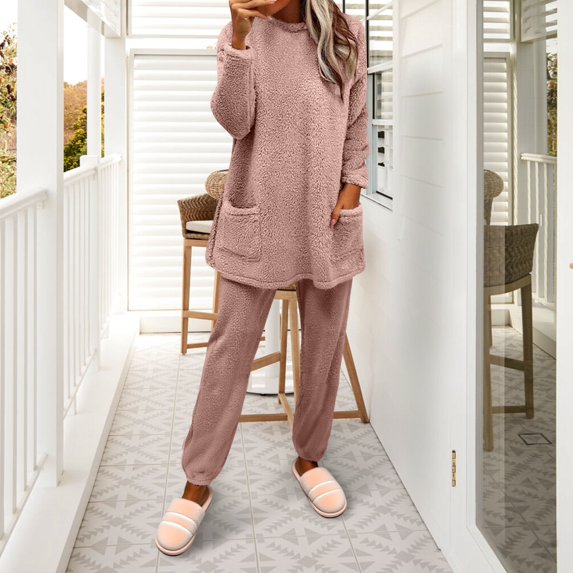 Womens Pajamas Fall & Winter Pullover Long Sleeve Set Soft Double Fleece with Embossed Design & Cozy Loungewear for Cold Nights