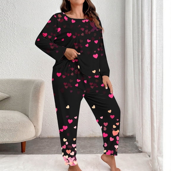 Womens Pajamas Fashion Hearts Print Lightweight Pajama Sets with Pants Summer Crew Neck Long Sleeve Sleepwear Summer Pajamas