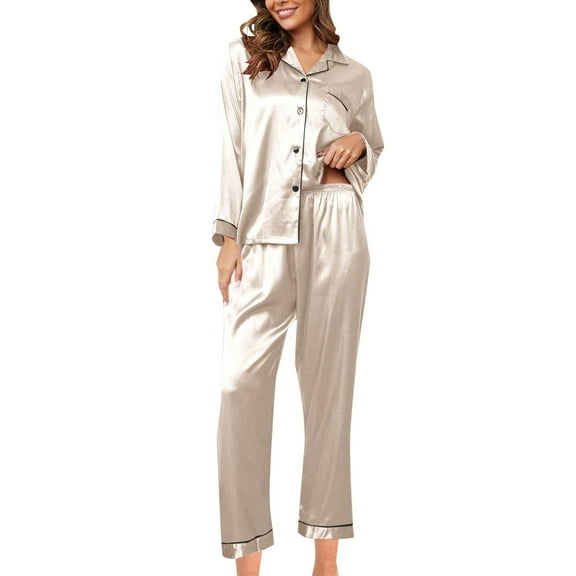 Womens Pajamas Fashion Silk 2 Piece Satin Long Sleeve Button Down Casual with Pants Beige Lounge Sets for Women L