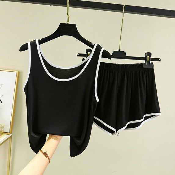 Womens Pajamas Fashion Solid Color Comfortable Pajama Sets Summer Crew Neck Sleeveless Sleepwear with Shorts Summer Pjs for Women