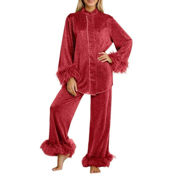 Womens Pajamas Feather Trim Long Sleeve Button Down Shirt Pants Womens Two Piece Pajama Set Pajamas Women