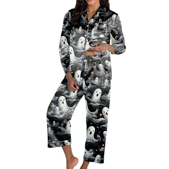 Womens Pajamas Halloween Ghost Print Long Sleeve Pants Set Cozy Women's Sleepwear,Black,L