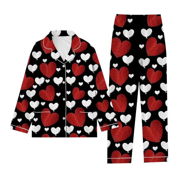 Womens Pajamas Heart Love Printed Long Sleeve Button Lapel Shirts Straight Leg Elastic Waist Pants Home Wear Valentine Day Sleepwear Outfits Homewear B-White M