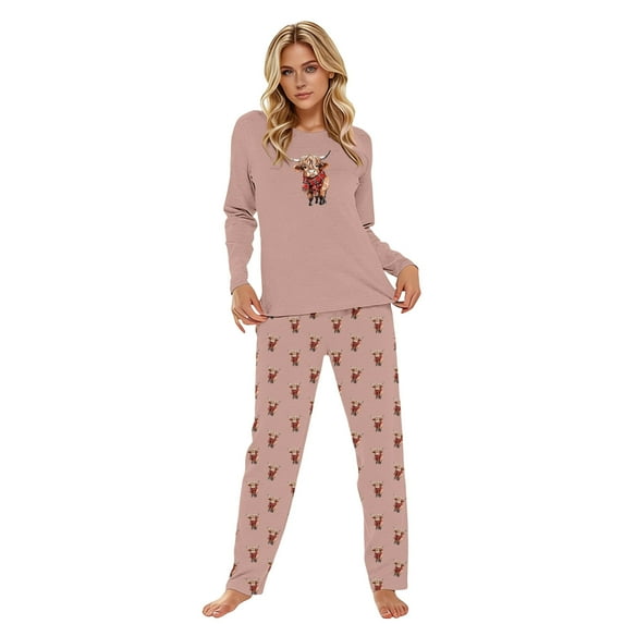 Womens Pajamas Highland Cattle Printed Long Sleeve Shirts Set Sleepwear Womens Homewear