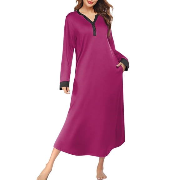 Womens Pajamas Long Sleeve Nightgowns V Neck Slit Comfy Sleepwear Robes Long Dress with Pockets Hot Pink