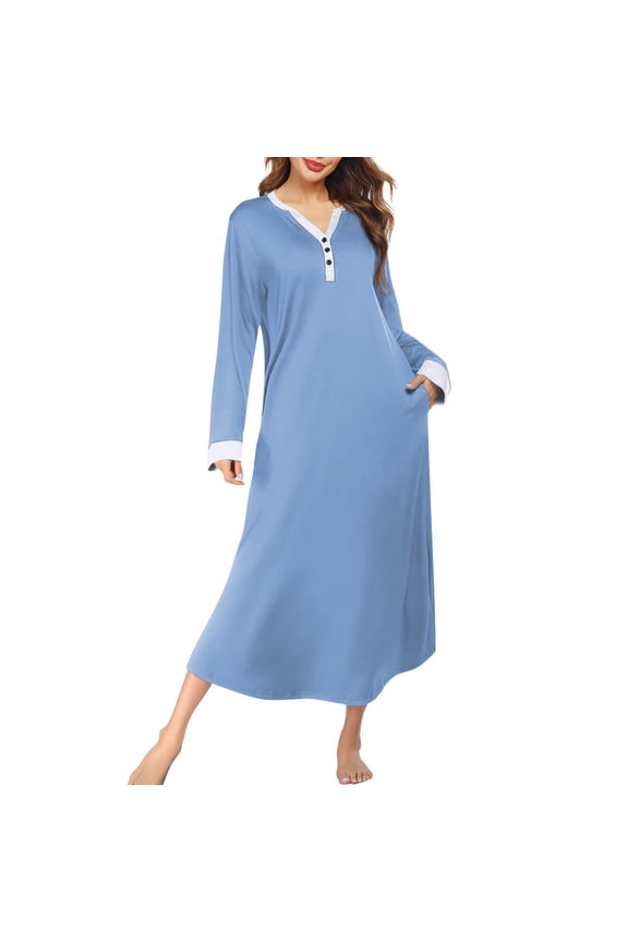 Womens Pajamas Long Sleeve Nightgowns V Neck Slit Comfy Sleepwear Robes Long Dress with Pockets Light Blue