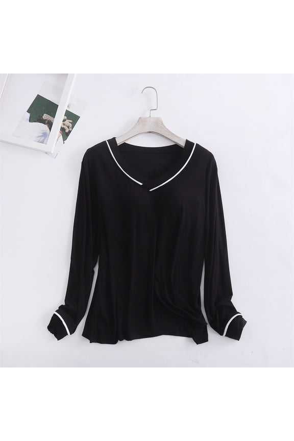 Womens Pajamas Long Sleeve Sleep T Shirt Basic Layer Stretchy Shirts Neck Pajama Top
