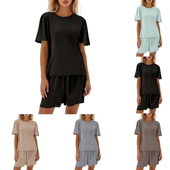 Womens Pajamas Loungewear 2 Piece Sleepwear Short Sleeve Pullover Tops Outfits Summer Fall Casual Loose Lounge Sets Pj Matching Sets (Black,L)