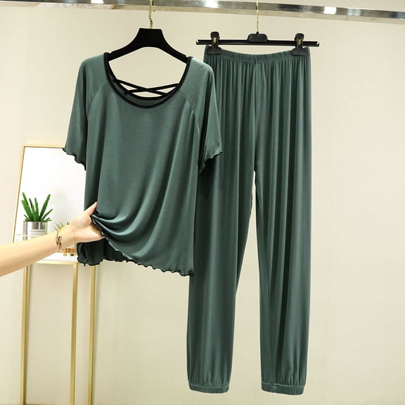 Womens Pajamas Loungewear New Women Fashion Loose Flash Short Sleeve T-Shirt High Waist Shorts Two-Piece Home Casual Pajamas Suit Green Xxl