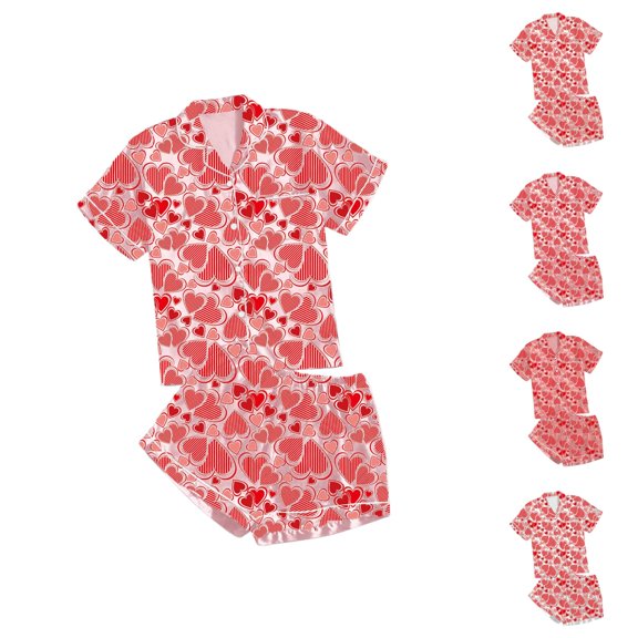 Womens Pajamas – Nighttime Bridal Sleepwear Women's Casual Printed Pyjama Set Silk Satin Short Sleeve Button Down Top And Shorts Set