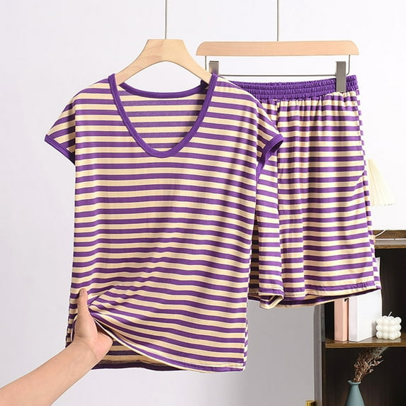 Womens Pajamas Plus Size Striped Print Lightweight Pajamas Sets Casual Crew Neck Short Sleeve Sleepwear with Shorts Summer Pajamas