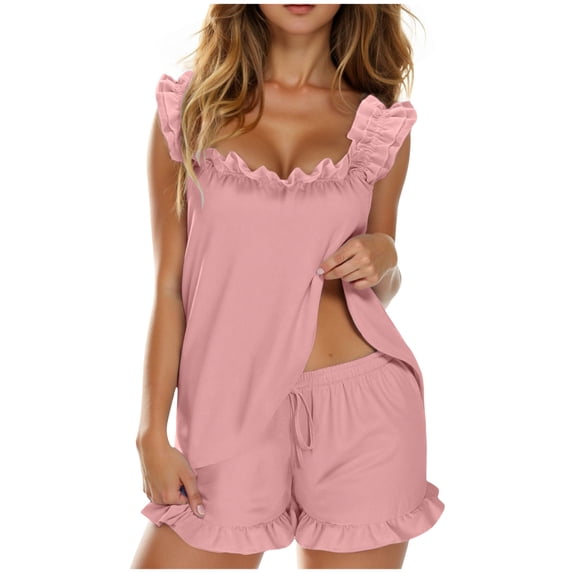 Womens Pajamas Set 2 Piece Ruffle Pj Soft Tank Top and Shorts Sleepwear Set Bridal Pajama for Women Set