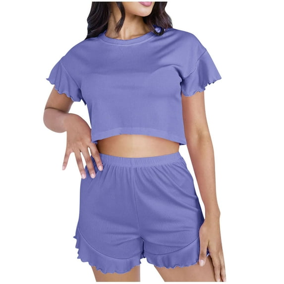 Womens Pajamas Set 2 Piece Ruffle Ribbed Knit Pj Soft Short Sleeve Crew Neck Top Elastic Shorts Cute Fall Sleepwear S-XL