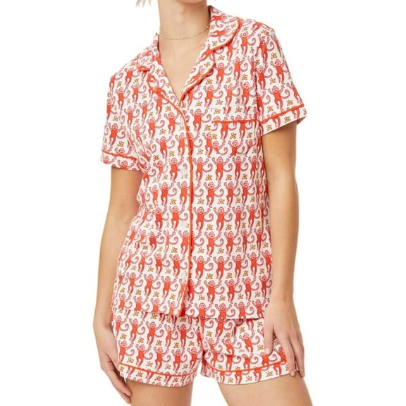 Womens Pajamas Set, 2PCS Button Down Vacation Monkey Beach Shorts Set Y2k Loungewear Pjs for Birthday Gift
