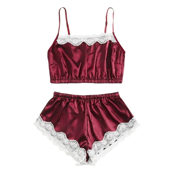 Womens Pajamas Set New Women's Satin Pajamas Women Cami Tops Short Pants Pjs Set Lace Underwear Nightwear Sleepwear for Home Pajamas Set Wine M New