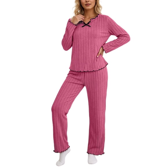 Womens Pajamas Set Elegant Bow Long Sleeve Tops Pants Cozy Home Sleepwear Soft Outfit