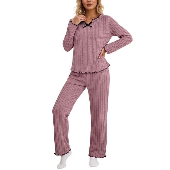 Womens Pajamas Set Elegant Bow Long Sleeve Tops Pants Cozy Home Sleepwear Soft Outfit
