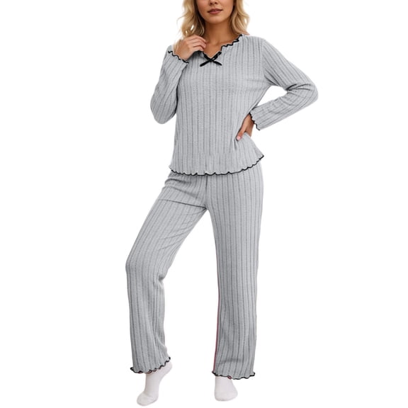 Womens Pajamas Set Elegant Bow Long Sleeve Tops Pants Cozy Home Sleepwear Soft Outfit