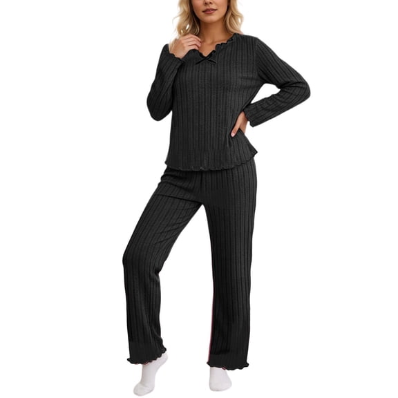 Womens Pajamas Set Elegant Bow Long Sleeve Tops Pants Cozy Home Sleepwear Soft Outfit