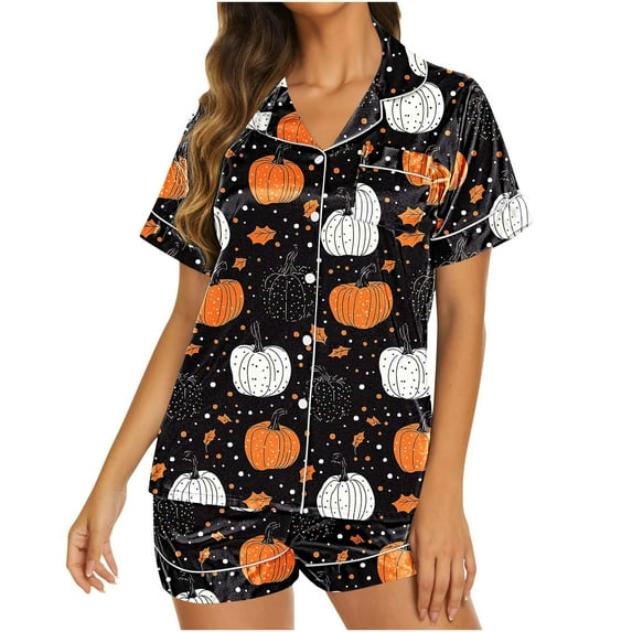 Womens Pajamas Set Halloween Lapel Short Sleeve Button Down Tops Wit Pocket Shorts Soft Casual Print 2 Piece Lounge Sets (S, Multicolor-C)
