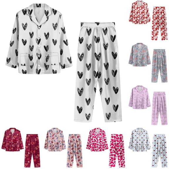 Womens Pajamas Set Heart Print Long Sleeve Button Down Shirt and Pants Cute Pj Sets Orange L