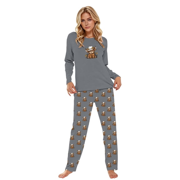 Womens Pajamas Set Highland Cattle Printed Long Sleeve Shirts Loose Pants Sleepwear Homewear