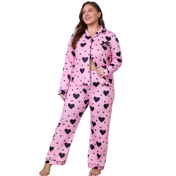 Womens Pajamas Set Long Sleeve Button Pajama Set with Heart Print Relaxed Fit Two Piece Sleepwear Loungewear Sets Soft Fabric Pink 4XL
