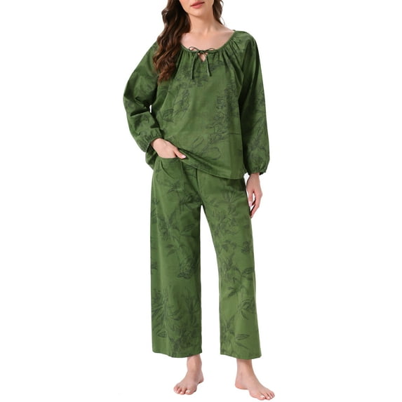 Womens Pajamas Set Long Sleeve Floral Pullover Tie Front Wide Leg Soft 2 Piece Loungewear S Green Floral