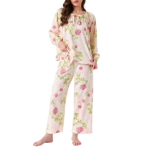 Womens Pajamas Set Long Sleeve Floral Pullover Tie Front Wide Leg Soft 2 Piece Loungewear S Pink Floral