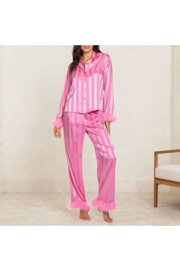 Womens Pajamas Set Long Sleeve Shirt Pants Set Y2k Pajamas Set Silk Satin Pjs Feather Trim Long Sleeve Shirt Pants Lounge Set