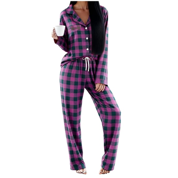 Womens Pajamas Set Long Sleeve Sleepwear Button Down Nightwear Soft Cotton Pj Lounge Sets