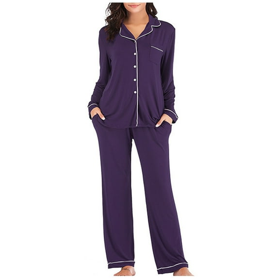 Womens Pajamas Set Long Sleeve Sleepwear Button Down Nightwear Soft Long Pants Pajamas Lounge Sets 2 Piece Pjs