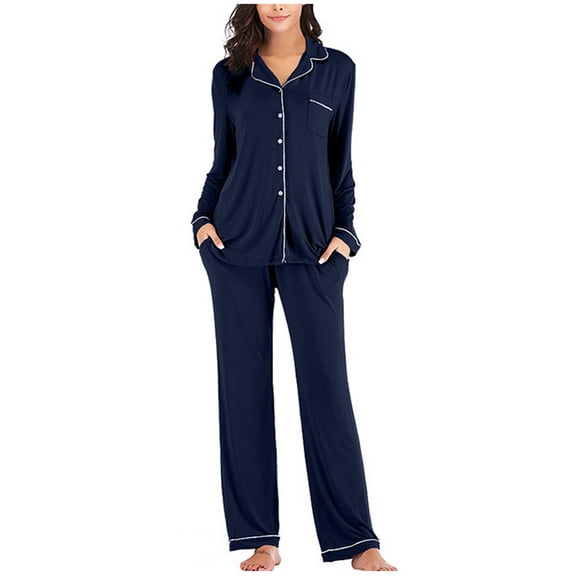 Womens Pajamas Set Long Sleeve Sleepwear Button Down Nightwear Soft Long Pants Pajamas Lounge Sets 2 Piece Pjs