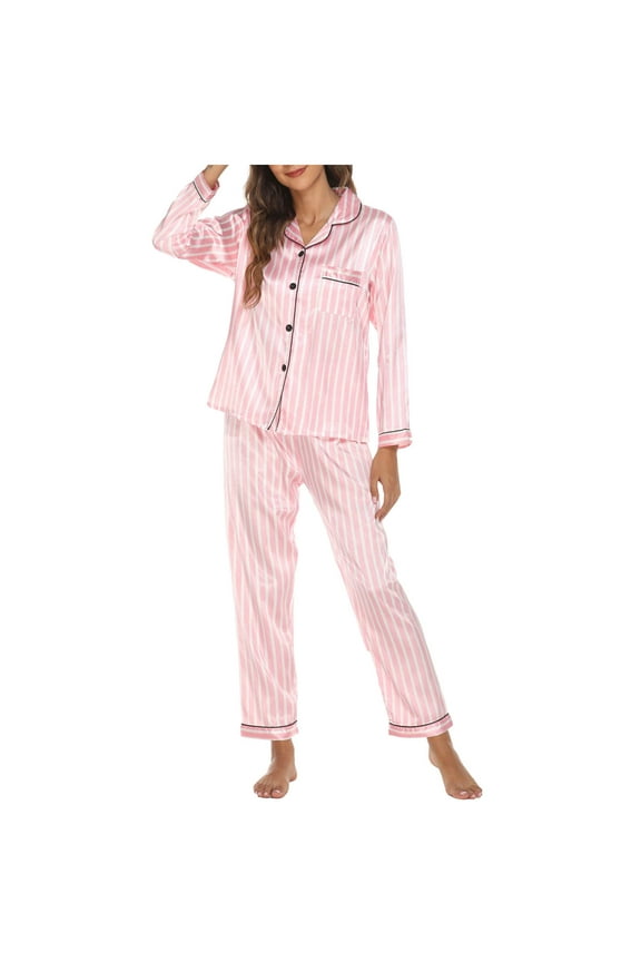 Womens Silk Satin Pajama Sets Soft Printed Long Sleeve Button Down Shirts and Pants 2 Piece Sleepwear Pj Set