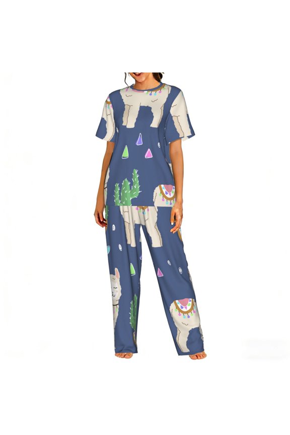 Womens Pajamas Set Loungewear Short Sleeve Top Pants Soft Sleepwear Pjs Sets, Cute Alpaca Cactus Peru Llama