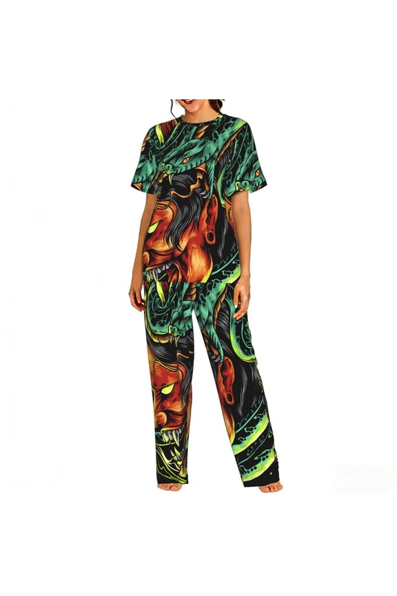 Womens Pajamas Set Loungewear Short Sleeve Top Pants Soft Sleepwear Pjs Sets, Devil Snake Demon Japanese