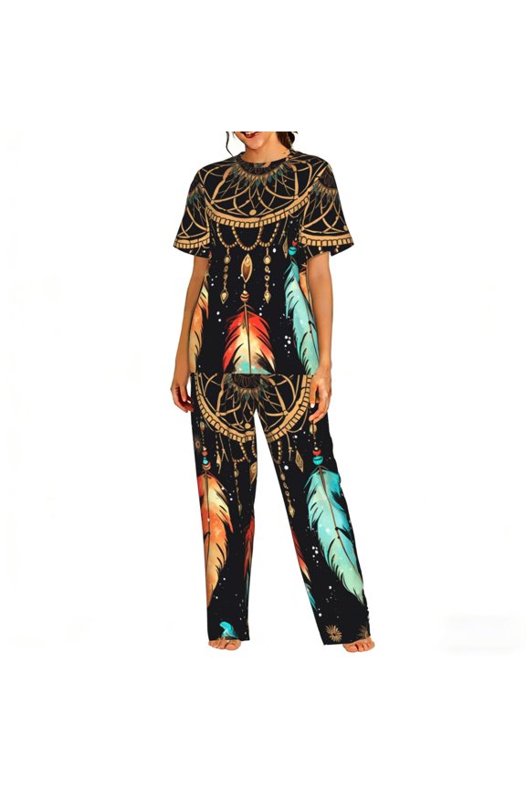 Womens Pajamas Set Loungewear Short Sleeve Top Pants Soft Sleepwear Pjs Sets, Dream Tribal Boho Vintage