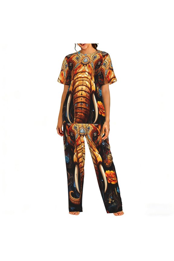 Womens Pajamas Set Loungewear Short Sleeve Top Pants Soft Sleepwear Pjs Sets, Elephant Indian Psychedelic