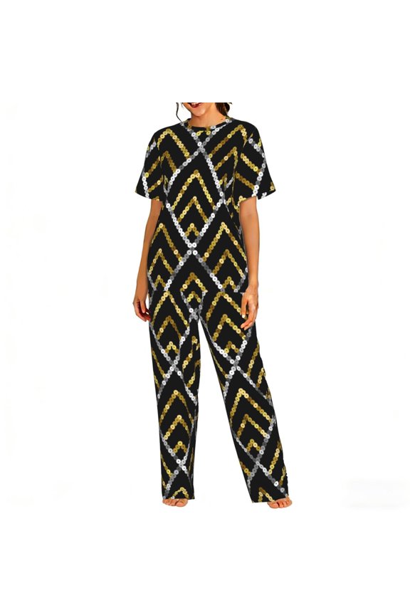 Womens Pajamas Set Loungewear Short Sleeve Top Pants Soft Sleepwear Pjs Sets, Golden Sequin Glitter Geometric