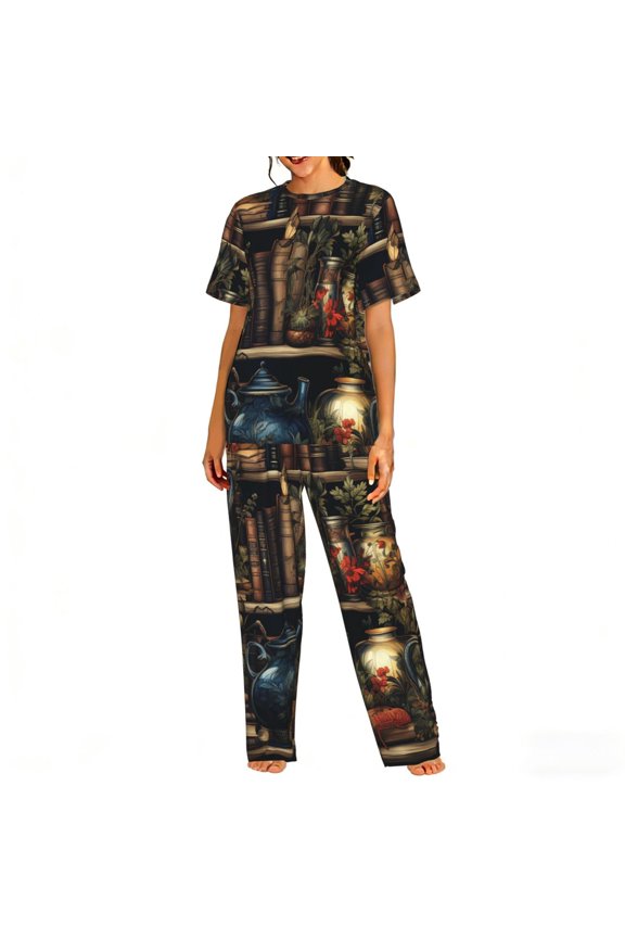 Womens Pajamas Set Loungewear Short Sleeve Top Pants Soft Sleepwear Pjs Sets, Library Books Magic Cool