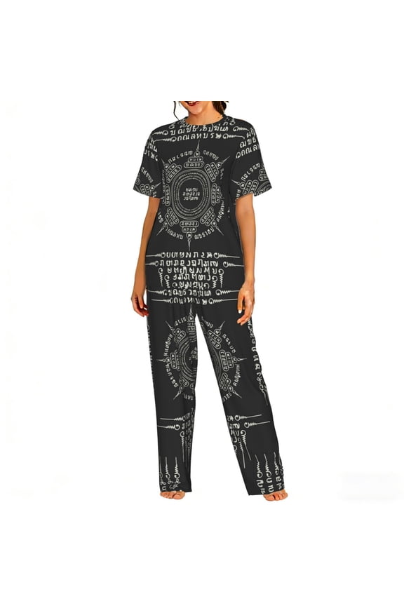 Womens Pajamas Set Loungewear Short Sleeve Top Pants Soft Sleepwear Pjs Sets, Muay Thai Sacred Symbol